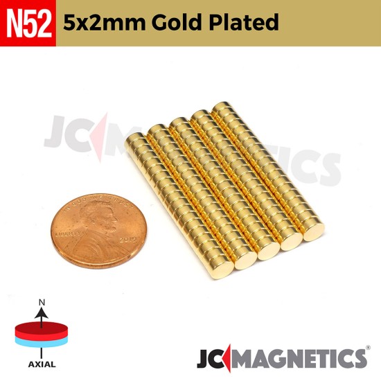 5mm X 2mm N52 Gold Plated neodymium magnets round discs 3/16in x 1